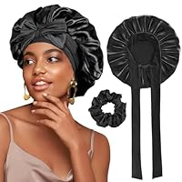 FOLAI 1 Stück Schlafmütze Satin Bonnet Nacht Schlaf Mütze Verstellbare Schlafkappe Kopfbedeckung Weiche Kopfhaube Schlafhaube Seide mit Gummizug für Damen und Mädchen(Schwarz)