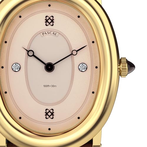 PASCAL Women's Oval Bubble Diamond Watch Leather Strap, Swiss Quartz Ladies Watches, Sapphire Crystal, Diamond Markers, Vintage-Inspired Dress Watch, 3ATM Waterproof (Gift for Her)3