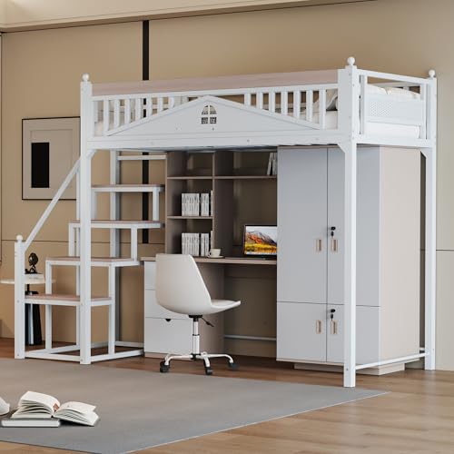 Azkoeesy Cama alta con escaleras, 90 x 200 cm, metal blanco, para niños y adultos