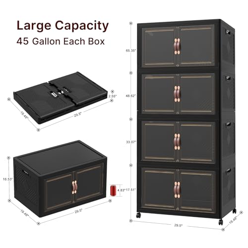 Image of UAMFURI Stackable Storage Bins with Lids, 720QT Lockable Storage Cabinet, Foldable Storage Box with Doors and Wheels, Plastic Drawers for Home, Garage, Office (4, Black, Extra Large)