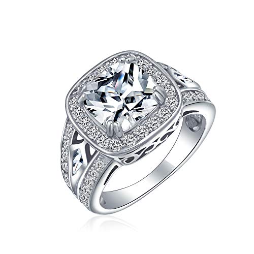 Personalize Vintage Antique Art Deco Style 2CT AAA CZ Pave Halo Square Cushion Cut Solitaire Engagement Ring For Women .925 Sterling Silver Split Baguette Side Stone Milgrain Edge Band Customizable2
