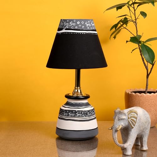 Image of AAKRITI ART CREATIONS Terracotta Table Lamp for Study Room, Bedroom & Living Room Decoration | Warli Black Pottery Floral Bedside Lamp with Cotton Fabric Shade | Aesthetic Night Lamp