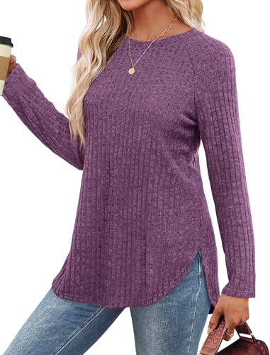 Image of Saloogoe Long Sleeve Shirts for Women 2025 Fall Clothes Tunic Tops Loose Fit Dressy Crewneck Pullover Sweaters Curved Hem