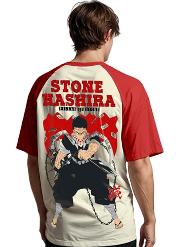 Image of crazymonk Men's Cotton Printed Stone Hashira Oversized Half White T-Shirt