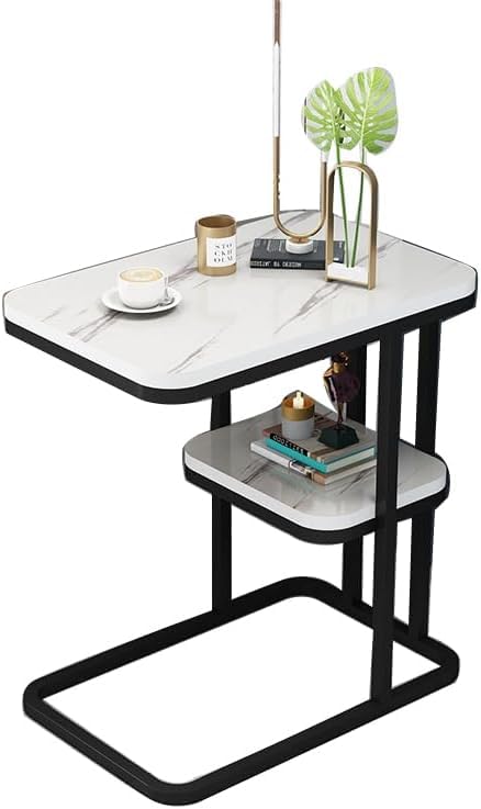 Image of Metal U-Shaped Side Table, Multipurpose End Table with Marble Texture Look, Small Coffee Table Sofa Table Bedside Table for Bedroom Living Room or Office, 2 Tier Storage, Black and White
