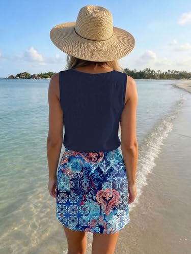 Image of SAUKOLE Womens Sleeveless T Shirt Dresses Casual Cute Floral Print Short Dress Summer Fashion Front Pockets