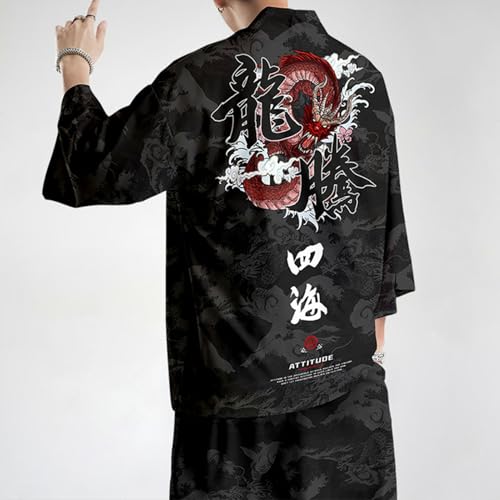 Asian Size Mens 3/4 Sleeve Kimono Yukata Tops Shirts Ethnic Crane Print Japanese Style Loose Retro Casual4