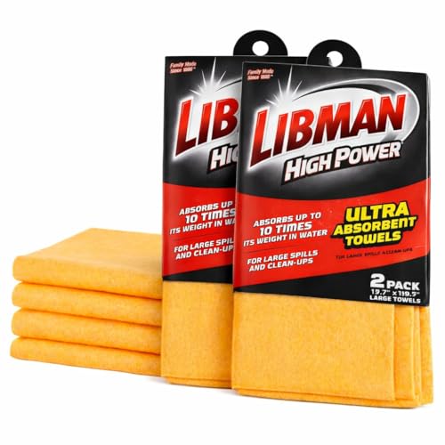 LIBMAN Super Absorbent Towels - Shammy Towels - Reusable Cleaning Cloths - Miracle Cleaning Shammy for Car Drying, Spills - Lint-free Streak-free - Holds 10x Its Weight in Liquid, 2-2 Packs (4 Total)