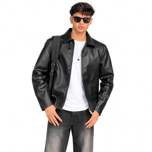 Image of Men's Faux Leather Jacket | Premium PU Leather Casual Winter Jacket for Men | Stylish Zip-Up Streetwear Biker Outerwear for Travel Party Riding Daily Wear