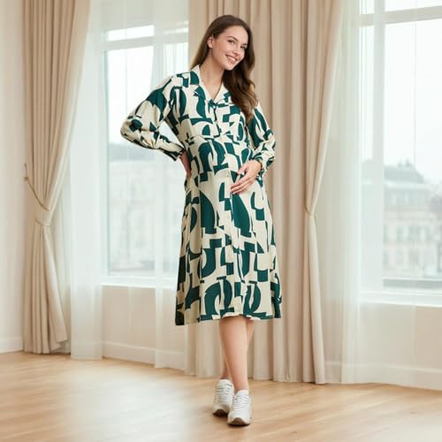 Image of MomToBe Womens A-Line Maternity Dress Cotton Feel | Midi Length Pregnancy & Feeding Dress with Zippers | Baby Shower & Nursing Gown