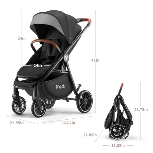 Image of Tinyiota Stroller for Babies,Toddler Strollers with Large UPF 50+ Canopy,Luxury Baby Stroller with Leather Handle & Spacious Seat, One-Hand Foldable Pushchair,Baby Carriage with Lie-Flat Mode(Black)