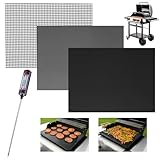 INFRAOVENS Set of 3 BBQ Grill Grate Liners, 25 x 17 Reusable Grill Toppers for Outdoor Charcoal, Gas, Electric - Grilling Accessories and Thermometer, Non Stick, Easy to Clean, Cut to Size, PFOA Free