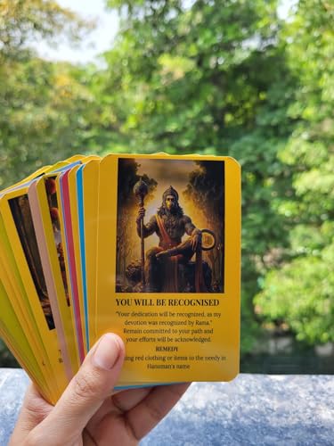 Image of Essencioshop Lord Hanuman Oracle Cards Set - A 72 Full Color Cards Based on Lord hanuman's Life situations, Challenges & Learnings with Remedies
