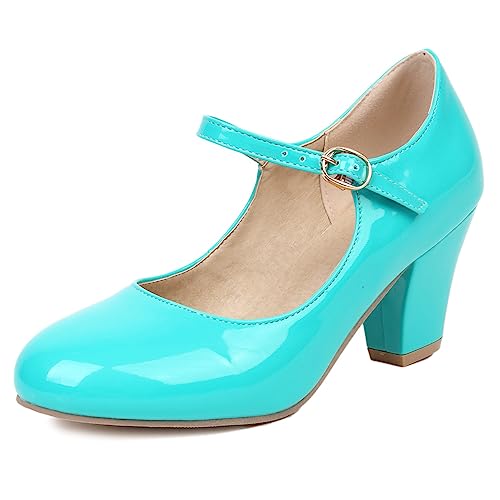 Kawaii Cute Dress Shoes Mary Jane Chunky High Heel Patent Ankle Strap Round Toe Pumps for Women