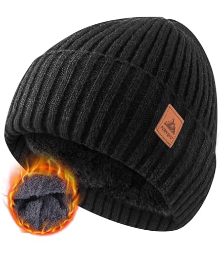 FORVEVO Gorro Invierno Hombre Mujer, Gorro Polar Termico, con Forro Suave, Gorros Punto Felpa, Gorros Invierno Clásico(Negro)
