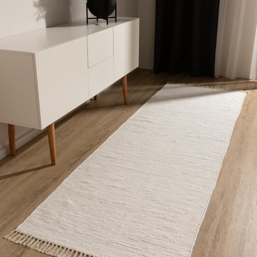 benuta Pop Alfombra Algodón Tom - Crema 80x250 cm - Tejida a Mano para Dormitorio, Sala de Estar y Salon - 100% Reciclado - Apta para Suelos radiantes