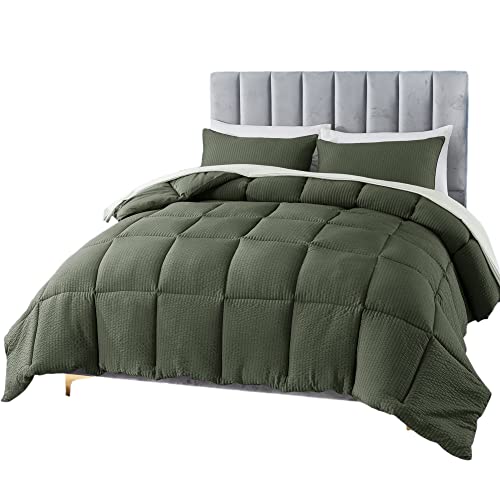 Domdec Winter Warmth Quilted Comforter Set Full/Queen With 2 Pillow Shams, Soft Microfiber Seersucker Bedding Set Textured, Down Alternative Fill (Full/Queen Set, Dark Sage Green) #TOP1