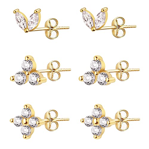 LIHELEI 3 Paar Ohrstecker Ohrringe Damen Silber, S925 Sterling Silber Ohrringe Ohrstecker mit AAA Zirkonia für Damen Mädchen-Gold