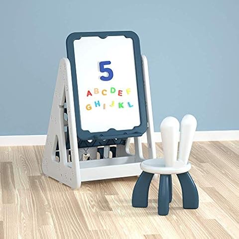 WDW Kids Children's 4 in 1 Plastic Bookcase + White board + Drawing board + Storage Rack with Easy Access 4 Display Shelves for Nursery, Playroom, Kindergarten - 81 x 60 x 55 cm (Blue White) Cover