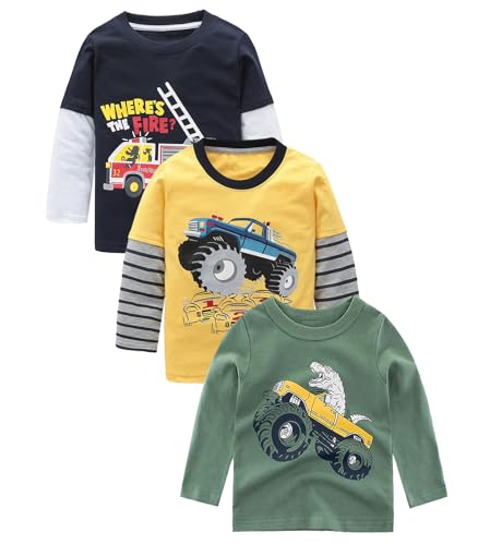 Boys Long Sleeve T-Shirts Casual Cotton Shirts Graphic Active Crewneck Tee Shirts for Toddler Kids Boys 3 Pack