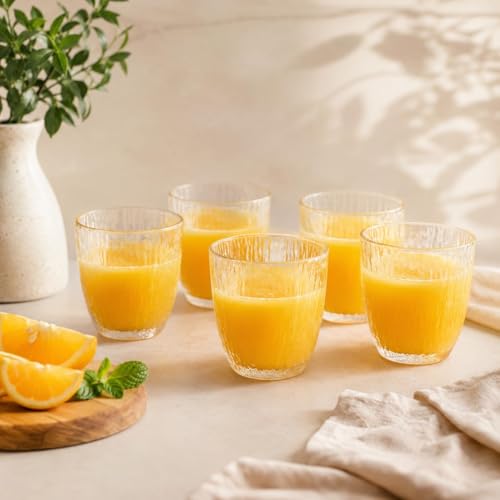 Image of bellemax 300ML Ribbed Drinking Glasses | Premium Clear Juice Glass Tumbler Set | Water, Soft Drinks, Mocktails, Cocktails, Cold Coffee & Beverage Glasses | Home & Kitchen Glassware(Set of 6)