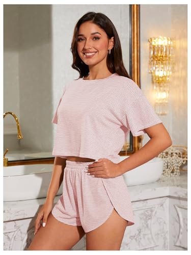 Image of OYOANGLE Womens Pajama Sets 2 Piece Sexy Lounge Sets Summer Cute Pjs Striped Print Tee and Side Split Shorts Set
