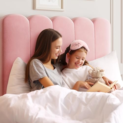 GarveeHome Twin Bed Frame with Under-Bed Drawer, Upholstered Platform Bed with Wave Headboard for Kids/Girls, Wooden Slats Support, No Box Spring Needed, Velvet Pink