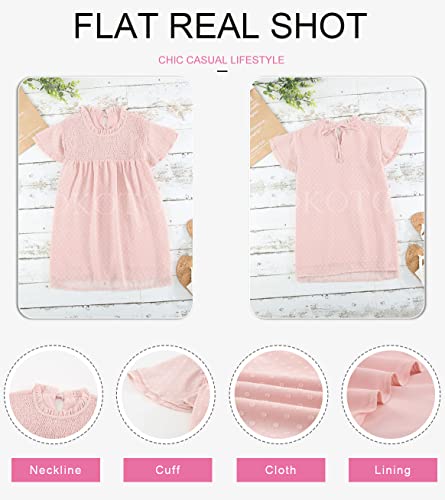 Dokotoo Women's Ladies Fashion Sexy Lace Crewneck Ruffle Short Sleeve Smocked Shirts For Women Casual Loose Cute Swiss Dot Pom Pom Chiffon Blouses Tops Pink 2Xl #TOP4