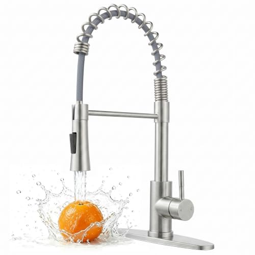 Image of KINGO HOME Kitchen Sink Faucet with Pull Down Sprayer, Brushed Nickel Stainless Steel Bar Faucet Single Handle, Commercial Pull Out Faucets for Kitchen Sink, Laundry Bar RV Camper Outdoor