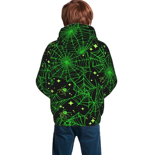 Green Bright Web with Spiders Kid Hoodies Boys Sweatshirts Girls Pullover with Pocket4