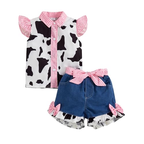 Western Baby Girl Denim Outfits Cow Print Shirt Toddler Ruffle Sleeve Button Down Tops Bowknot Wide Leg Jean Shorts
