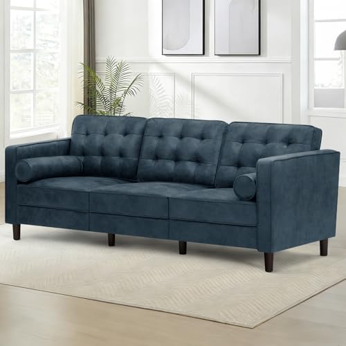 Image of 84 inch Suede Leather Sofa with 2 Soft Pillows, Blue | Tufted Modern Sofa with Sturdy Wooden Legs, 3 Seats Couch for Living Room, Office, Bedroom