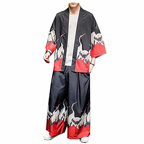 Tasahaya 甚平 メンズ 2点セット 羽織り 作務衣 七分袖 シャツ 和式 カーディガン 柄付き ワイドパンツ ロングパンツ サマーセットアップ 半被 部屋着 ビッグシルエット 花火大会(5XL ブラック(紺色)) Tasahaya 甚平 メンズ 2点セット 羽織り 作務衣 七分袖 シャツ 和式 カーディガン 柄付き ワイドパンツ ロングパンツ サマーセットアップ 半被 部屋着 ビッグシルエット 花火大会(5XL ブラック(紺色))