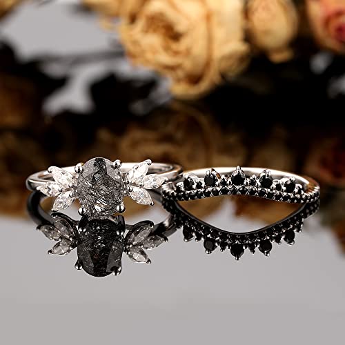 Frayerr Genuine Moissanite Ring Set - 1.09 Carat Oval Cut Natural Black Rutilated Quartz Bridal Sets - Natural Black Spinel Wedding Band - 925 Silver Marquise Cut Moissanite Wedding Sets - Natural Gemstone Promise Ring (4) #TOP3