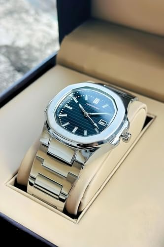Image of AMERICANVIBER Glossy Stainless Steel Analogue Watch for Men | Black Dial, Date Function & Adjustable Lock | Premium Watches Under 499