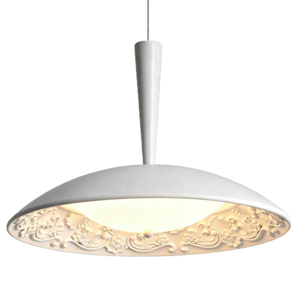 ESIYUVO Modern Minimalist French Resin Hanging Lamp Embossed White Flying Disc Pendant Light Metal Ceiling Canopy Chandelier E27 Base Lighting Fixture for Corner Balcony Kitchen Island Foyer Bedside