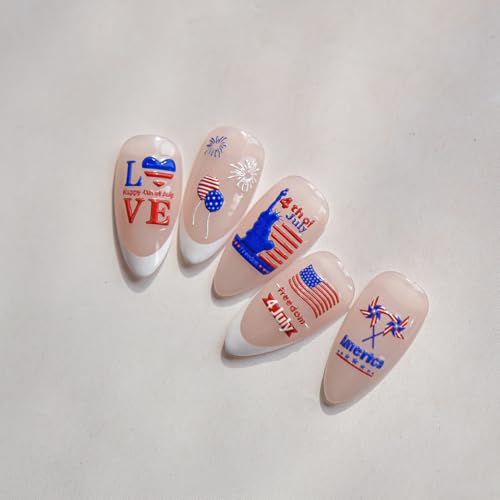 Image of Independence Day Nail Art Stickers Statue of Liberty Nail Stickers Red Blue Nail Art Decals 5D Embossed Self Adhesive with Firework Design for Women Girls Kid Manicure Supply Decoration Accessories