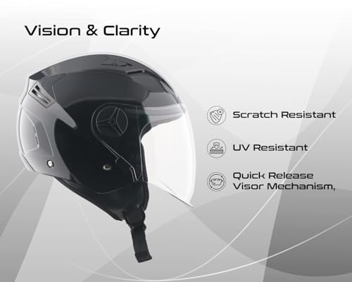 Image of Vega VO-05 Clark ISI Certified Open Face Motorcycle Helmet with High-Impact ABS Shell, Scratch-Resistant Visor, Comfortable Breathable Inner Padding & Secure Strap - Black - M