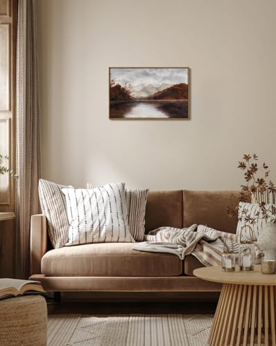 Image of KISSFOX Vintage Fall Countryside Framed Wall Art Autumn Lake Mountain Forest Landscape Canvas Art Farmhouse Nature Paintings Artwork Rustic Serene Art Prints For Kitchen Living room Bedroom