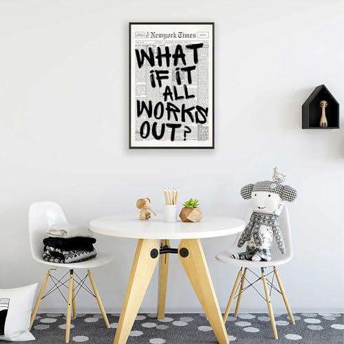 Image of Retro Black And White Newspaper Poster What If It All Works Out Canvas Wall Art Positive Affirming Quote Minimalist Prints Painting For Home Bedroom Dorm Wall Decor 12x18in Framed