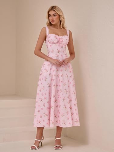 KUTUMAI Floral Corset Midi Dresses for Women 2025 Lace Up Flowy Summer Wedding Guest Dress with Pockets2