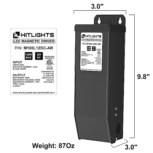 Image of HitLights Dimmable LED Driver Transformer 12V 100W, Magnetic Power Supply 120VAC to 12VDC, Compatible with Lutron and Leviton Dimmers, for LED Strip Light, Kitchen, Cabinet, Class 2, ETL Listed