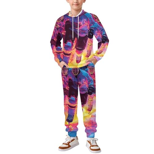 Boys Girls Clothes Outfits 2 Piece Long Sleeve Hoodie Pants Kid Sweatpants, Hockey Players Hippie Neon - Main Image