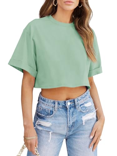Image of Tankaneo Women Crop T-Shirts Half Sleeve Drop Shoulder Cropped Tops Y2K Casual Summer Basic Tees