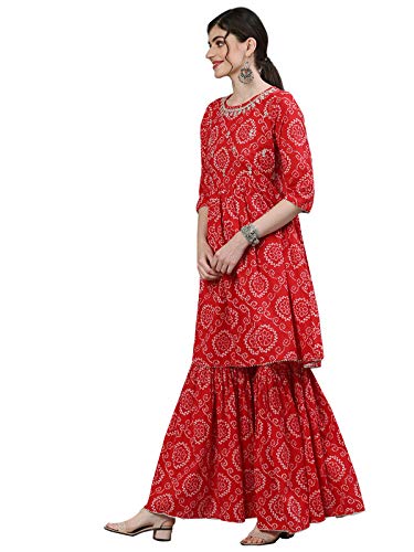 Image of ishin Women's Cotton Red Bandhani Jewel Neck Zari Embellished Peplum Kurta Set with Sharara and Dupatta