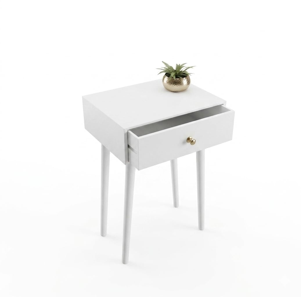 modern wooden nightstand with drawer & solid wood legs | bedside end table with storage | engineered wood side table for bedroom, living room & home decor (white)