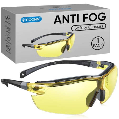 TICONN Anti-Fog Safety Glasses for Men and Women, ANSI Z87.1 Scratch Proof Eye Goggles with Adjustable Arms and UV Protection (Yellow, 1PK)