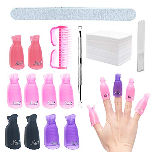 MISMXC Nail Polish Gel Remover Tools Kit, with 10pcs Nail Remover Clips, Sand Nail File, Glass Nail File, Handle Nail Brush, 500pcs Wipe Cotton Pads, Cuticle Pusher Tool