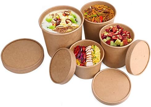 25 x Brown Disposable Soup Ice Cream Container [25 Pack, 32oz] Compostable Biodegradable Kraft Takeaway Paper Bowl Containers, Cardboard Round Deli Tubs Lids Heavy Duty Sizes: 8oz 12oz 16oz 26oz 32oz
