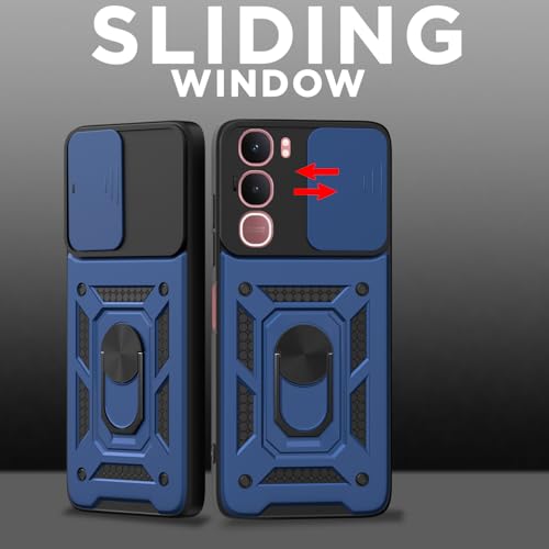 Image of Pikkme Back Cover for Vivo Y31 5G | 360 Protection Case | Sliding Camera Shield Cover & Ring Holder Stand D10 Tough Armor Bumper Case (Blue)